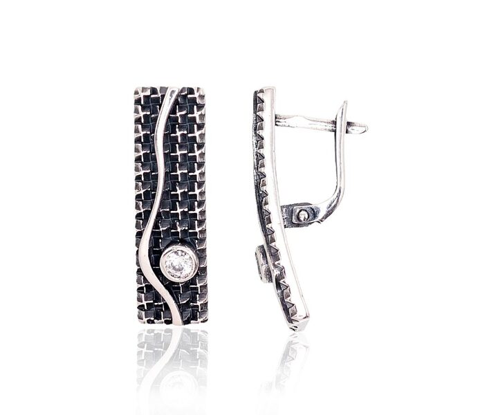 Серебряные серьги с цирконами и английским замком, оксидированное серебро 925°, 26 мм
