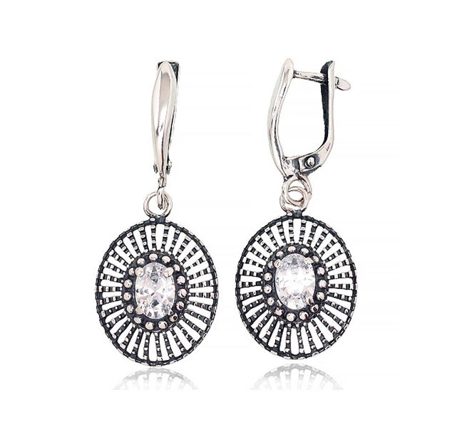Silver earrings with English lock and zirconia, oxidized, 925° (40 mm)