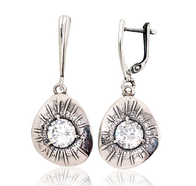 Длинные серебряные серьги с цирконами и английским замком, оксидированное серебро 925°, 43 мм