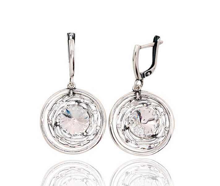 925° Silver Earrings with “English” Lock and Crystals, Oxidised Finish