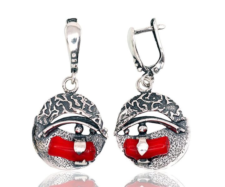 Silver earrings with coral and English clasp, oxidized 925 silver, 40 mm