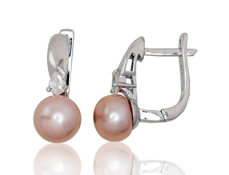 Silver earrings with 'english' lock , Silver 925°, Rhodium (Plating), Zirkons , Fresh-water Pearl 
