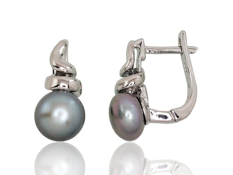 Silver earrings with pearls and English clasp, rhodium-plated 925 silver, 18 mm