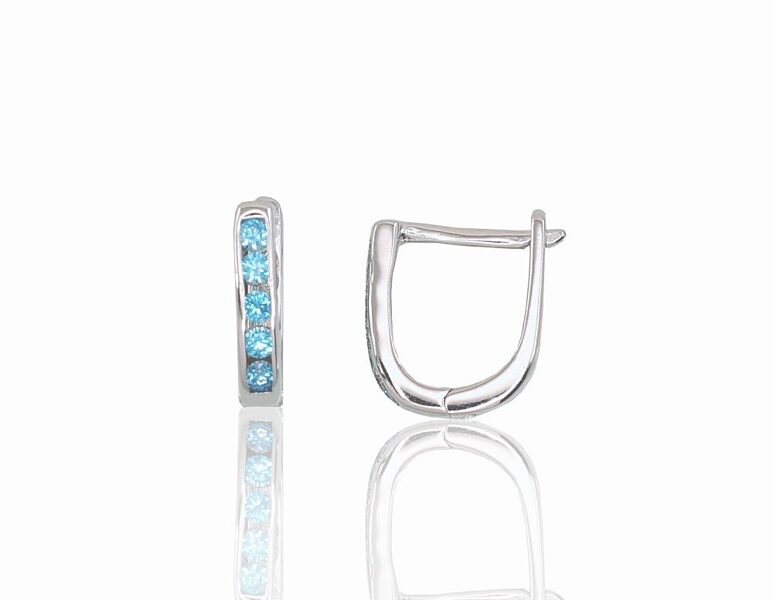 Children's Silver Earrings with "English" Lock and Sky-Blue Zirconia