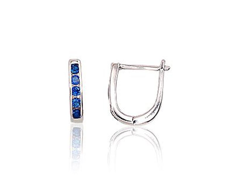 Children's Silver Earrings with "English" Lock, 925° Silver, Dark Blue Zirconia