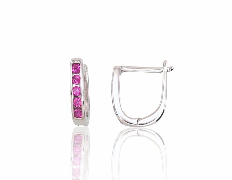 Children's Silver Earrings with "English" Lock, Dark Pink Zirconia