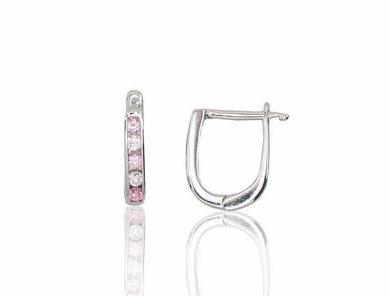 Children's Silver Earrings with "English" Lock, Pink Zirconia