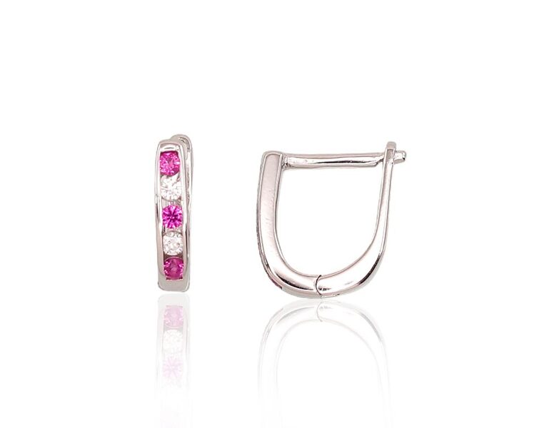 Children's Silver Earrings with "English" Lock, Dark Pink Zirconia