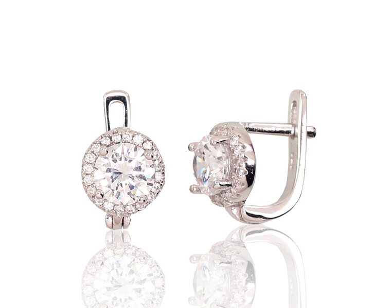 Серебряные серьги с цирконами, «английский» замок