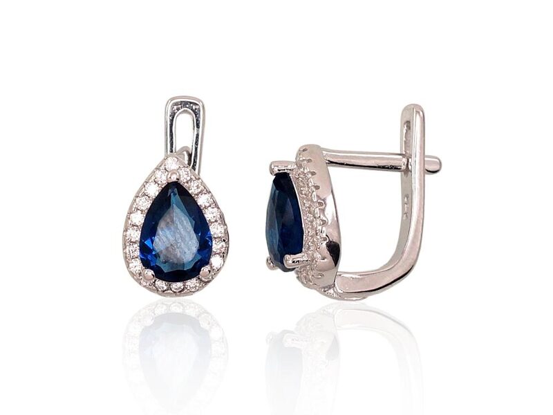 Серебряные серьги с цирконами, «английский» замок, синий каплевидный камень