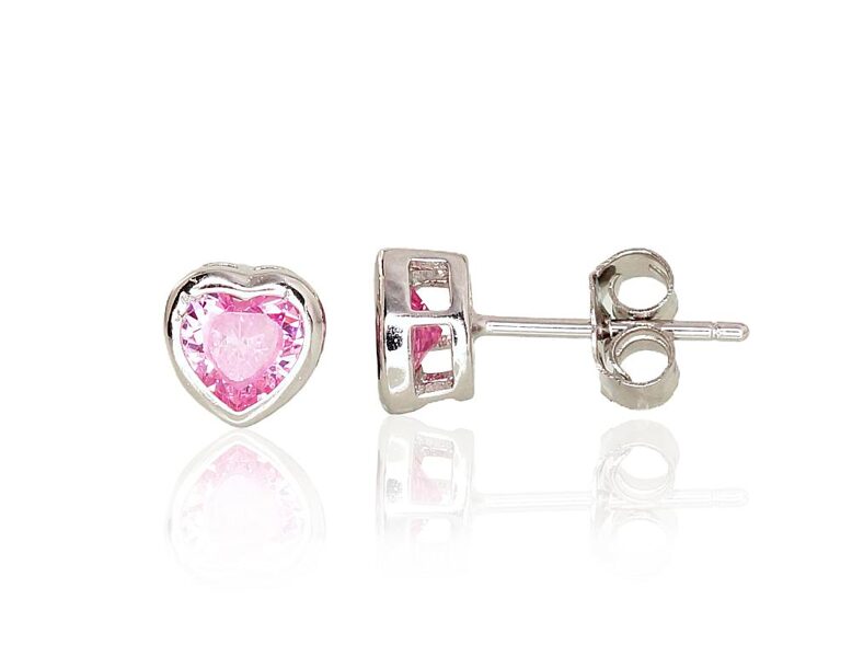 Sidabriniai auskarai vinukai su rožiniu cirkoniu širdelės formos (925°, rodžis)