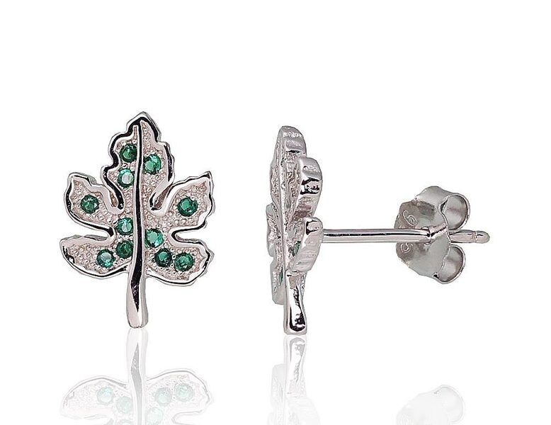 Sudraba auskari nagliņas ar cirkoniem, Zaļā lapa