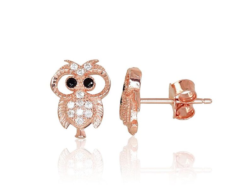 Серебряные серьги-гвоздики Сова с цирконами, серебро 925° с покрытием красным золотом