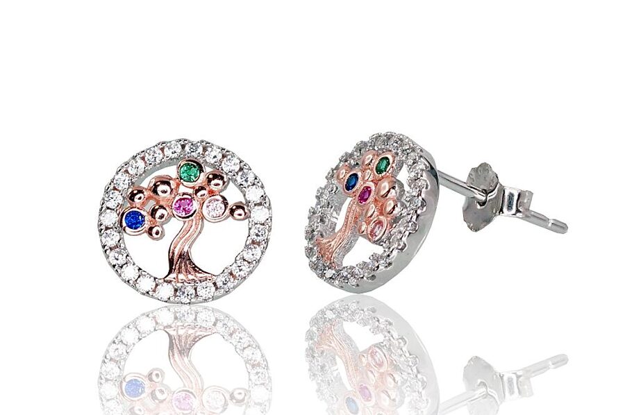 Sudraba auskari ar cirkoniem, nagliņas, Dzīvības koks