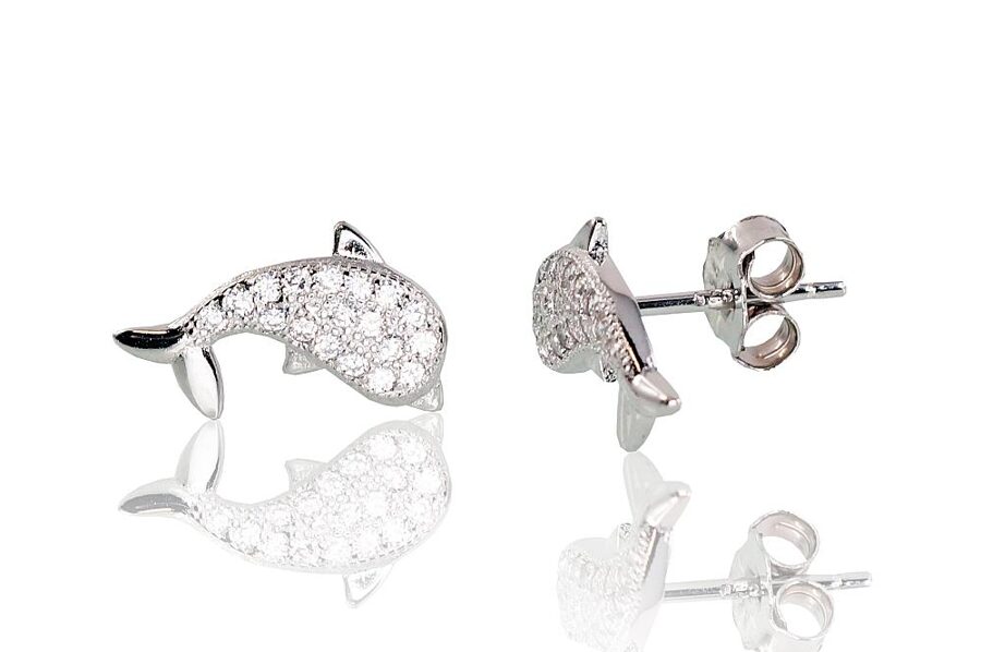 Sidabriniai auskarai-vinukai su cirkoniais, Delfinas