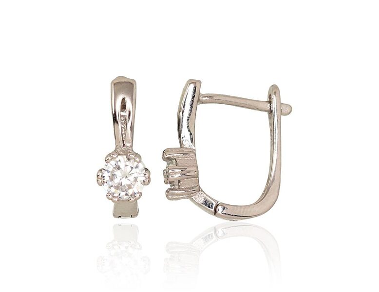 Silver Earrings with Zirconia, English Lock, 925 Silver, Rhodium, 16 mm