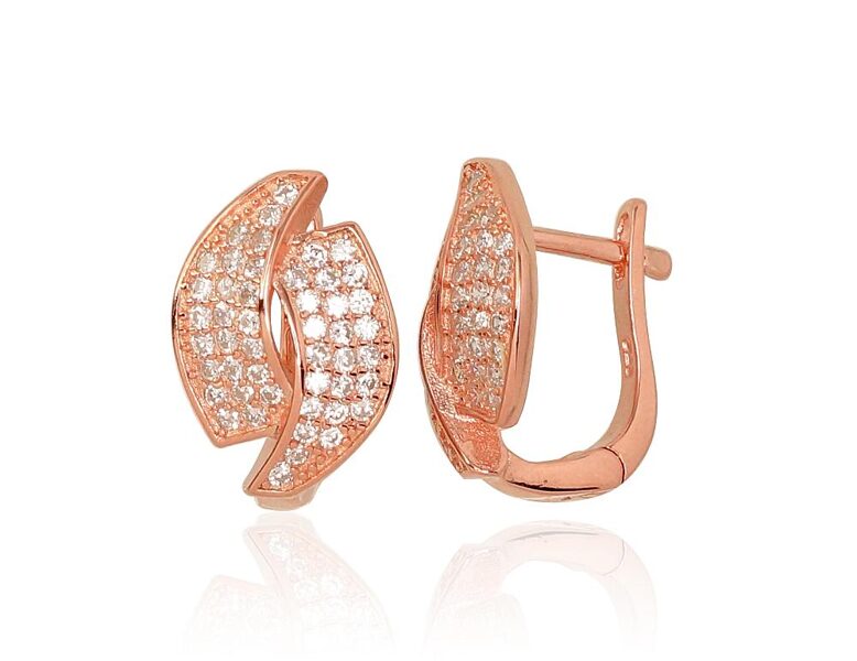 Silver Earrings with Zirconia, English Lock, 925 Silver, Red Gold, 14 mm