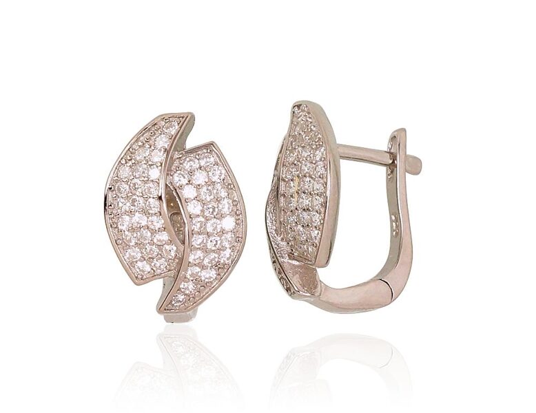 Silver Earrings with Zirconia, English Lock, 925 Silver, Rhodium, 14 mm