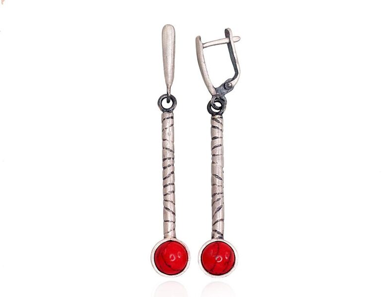 Silver Earrings, 925 Silver, Oxidized Finish, Coral Imitation