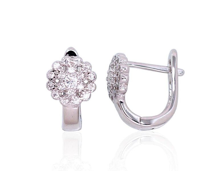 Silver Earrings with Zirconia, English Lock, 925 Silver, Rhodium, 12 mm