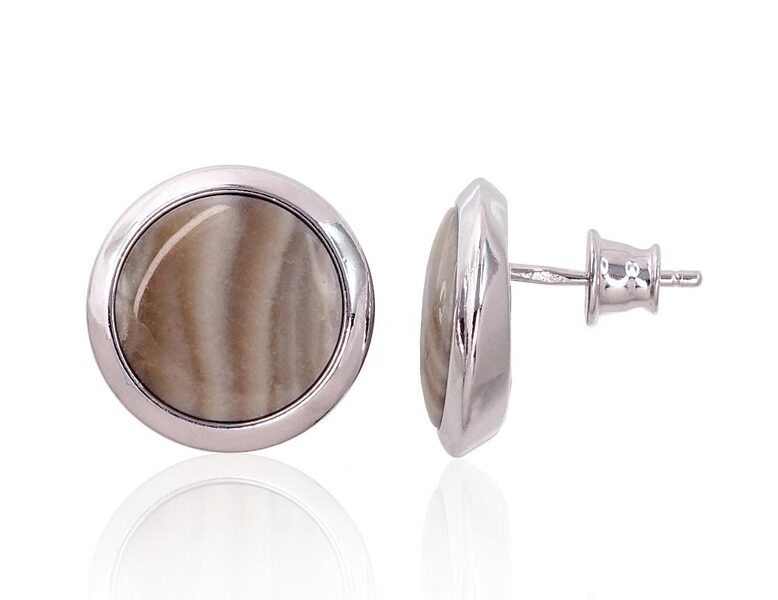 Silver stud earrings with flint, 925 sterling silver, rhodium, 15 mm