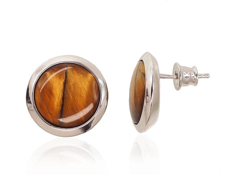 Silver Stud Earrings with Tiger’s Eye, 925°, Rhodium Plated
