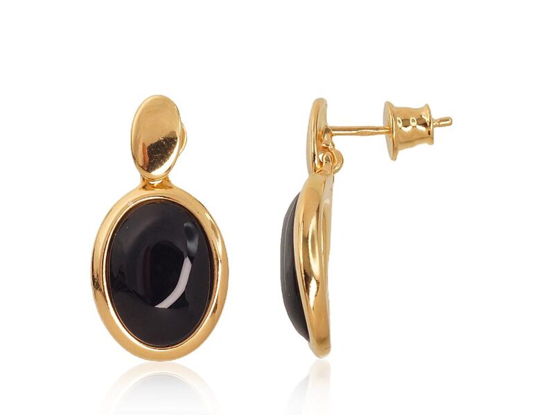 Silver stud earrings with onyx, 925 sterling silver, yellow gold plating, 26 mm