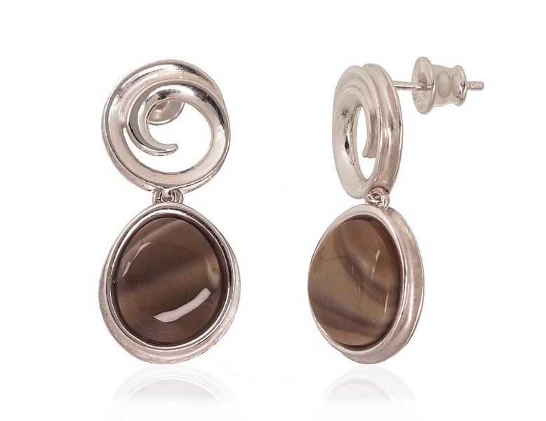 Silver stud earrings with flint, 925 sterling silver, rhodium, 28 mm