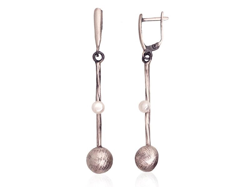 Long silver earrings with pearls – Sterling Silver 925°, oxidized
