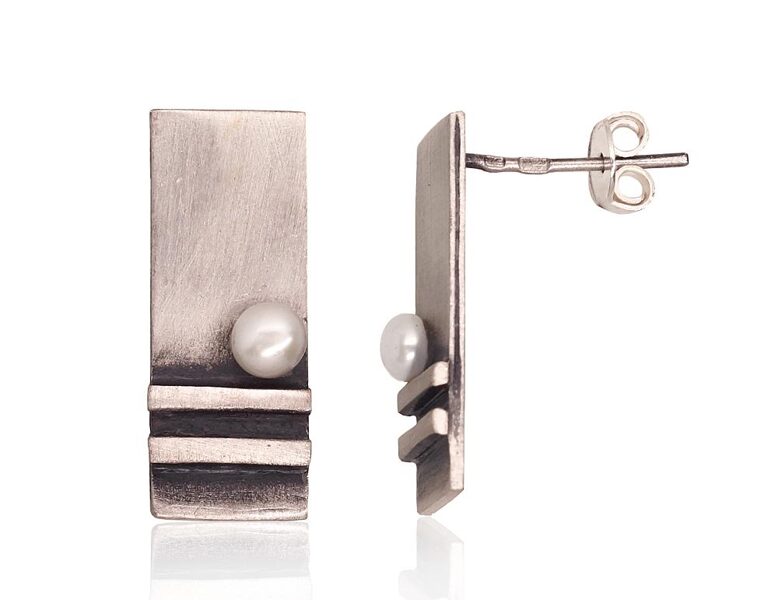 Silver Stud Earrings with Pearl, 925 Silver, Oxidized