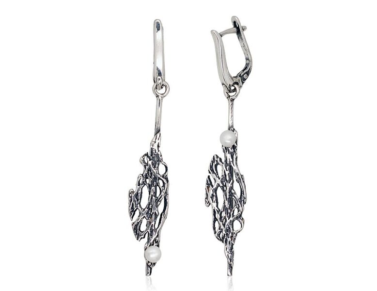 Silver earrings with pearls – 925 sterling silver with oxidized finish