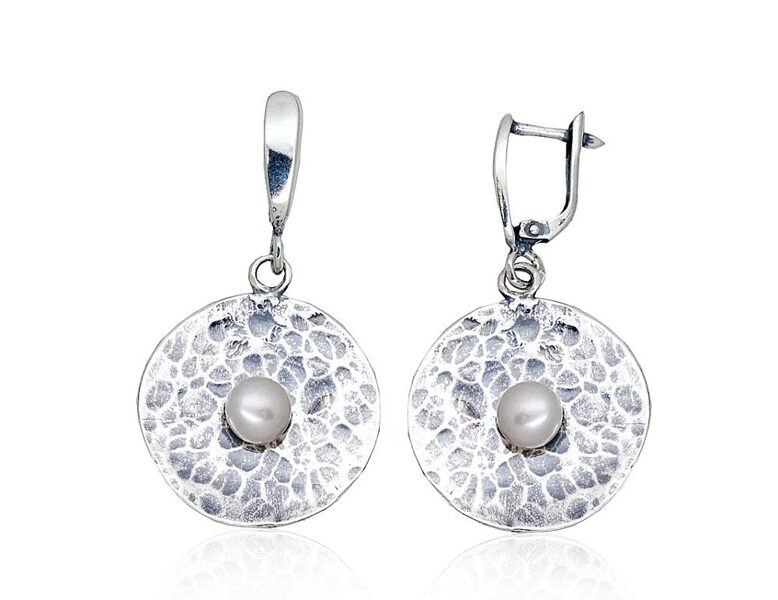 Silver earrings with pearls, English lock – 925 sterling silver with oxidized finish