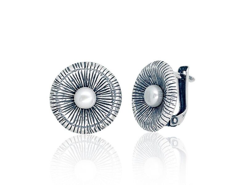 Silver earrings with pearls, English lock – 925 sterling silver with oxidized finish