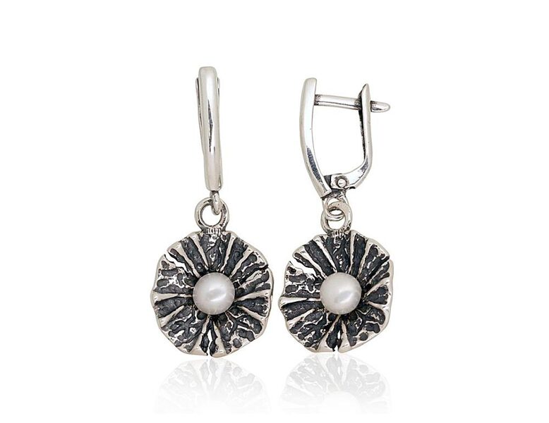 Silver earrings with pearls, English lock – 925 sterling silver with oxidized finish
