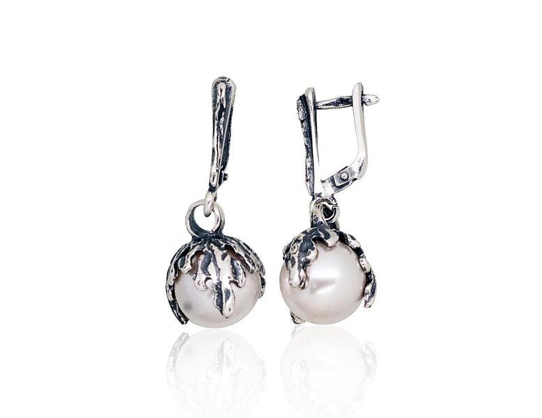 Silver Earrings with Synthetic Pearls, English Lock, 925 Silver, Oxidized, 36 mm