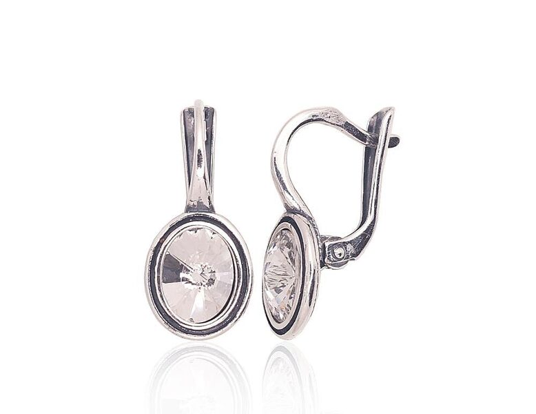 Silver Earrings with Crystals, English Lock, 925 Silver, Oxidized, 20 mm