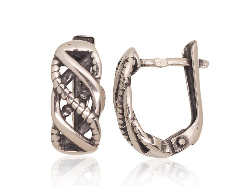 Silver Earrings, English Lock, 925 Silver, Oxidized, 15 mm