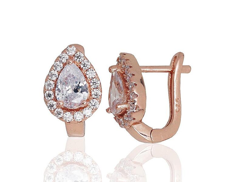 Silver Earrings with Zirconia, English Lock, 925 Silver, Red Gold, 15 mm