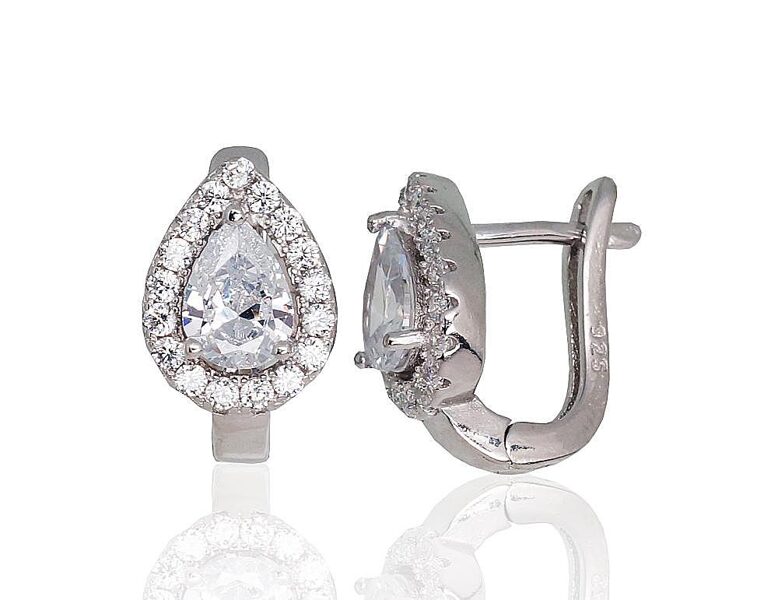 Silver Earrings with Zirconia, English Lock, 925 Silver, Rhodium, 15 mm