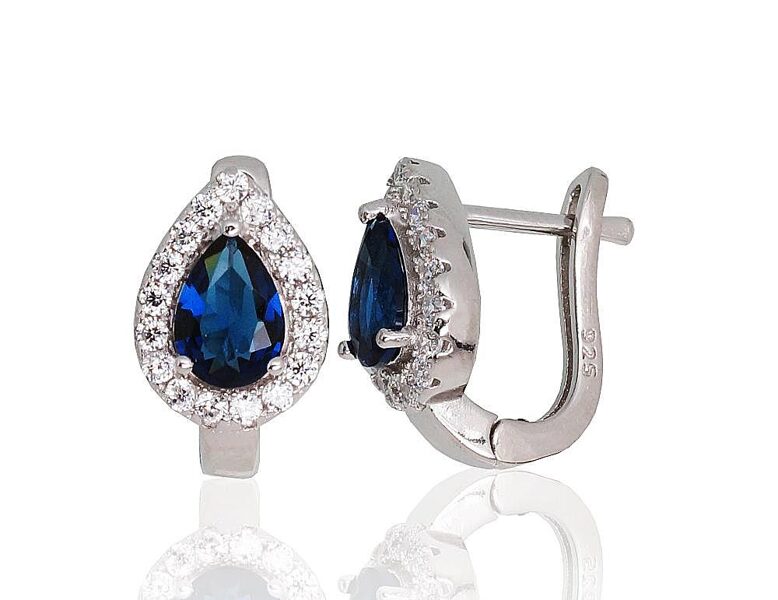 Silver Earrings with Blue Zirconia, English Lock, 925 Silver, Rhodium, 15 mm