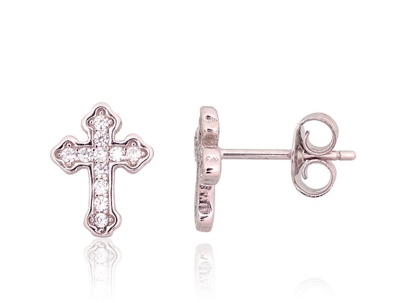 Vaikiški sidabriniai auskarai-vinukai su kryželiu ir cirkoniais