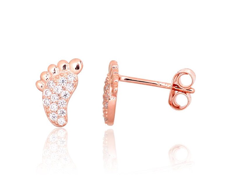 Women’s Silver Earrings “Little Foot” – 925 Sterling Silver, Red Gold Plating, Zirconia