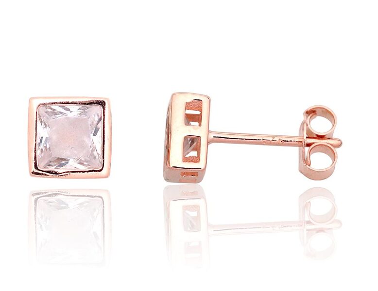  Women’s Silver Stud Earrings – Rose Gold Plated, Zirconia, 925°