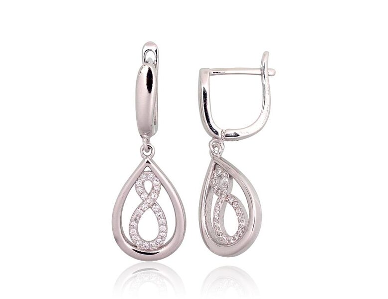 Silver Earrings with Zirconia, English Lock, 925 Silver, Rhodium, 31 mm