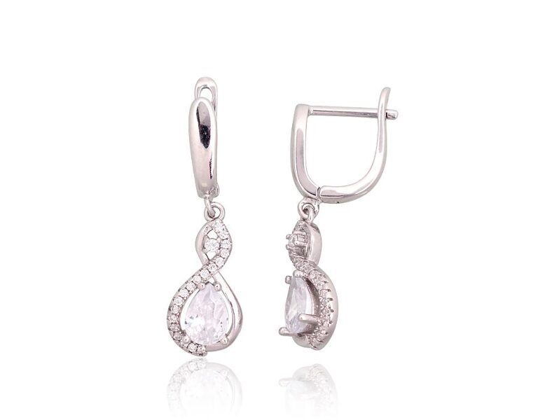 Silver Earrings with Zirconia and English Lock, 925 Sterling Silver Rhodium Plated, 31 mm