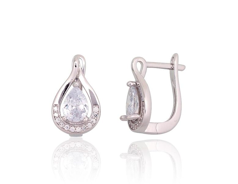 Silver Earrings with Zirconia, English Lock, 925 Silver, Rhodium, 15.5 mm