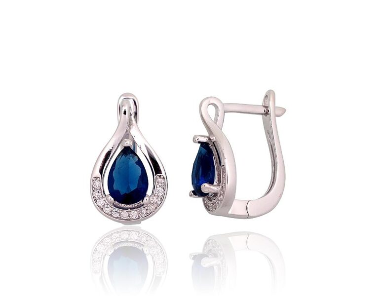 Silver Earrings with Blue Zirconia, English Lock, 925 Silver, Rhodium, 15.5 mm
