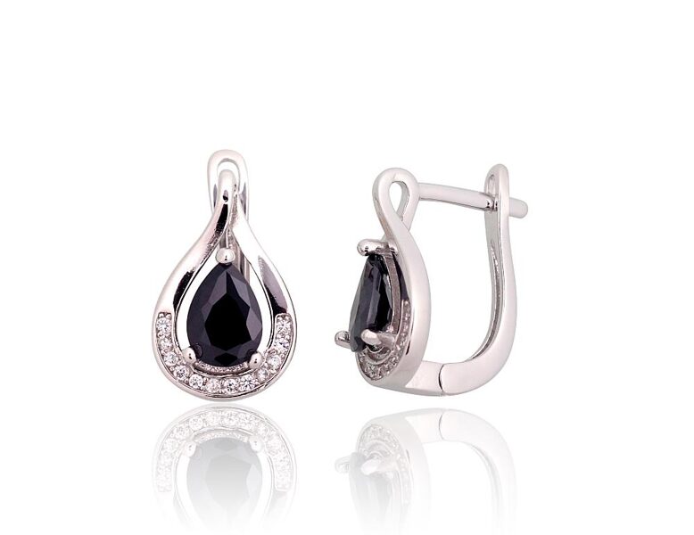Silver Earrings with Black Zirconia, English Lock, 925 Silver, Rhodium, 15.5 mm