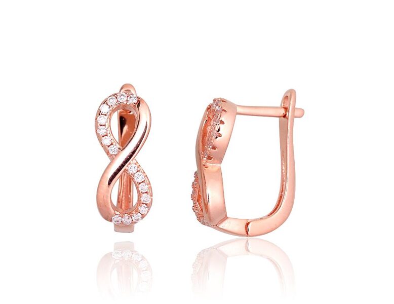 Silver Infinity Earrings with Zirconia, English Lock, 925 Silver, Red Gold, 17 mm