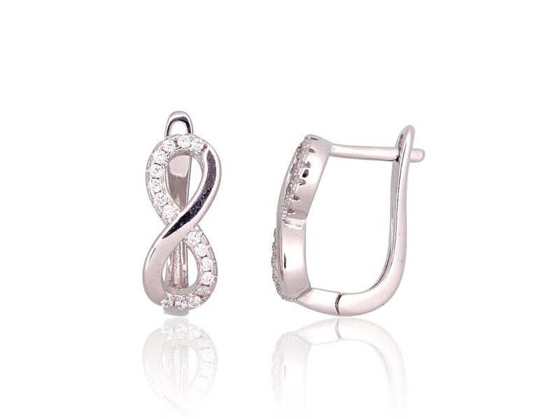 Silver Infinity Earrings with Zirconia, English Lock, 925 Silver, Rhodium, 17 mm